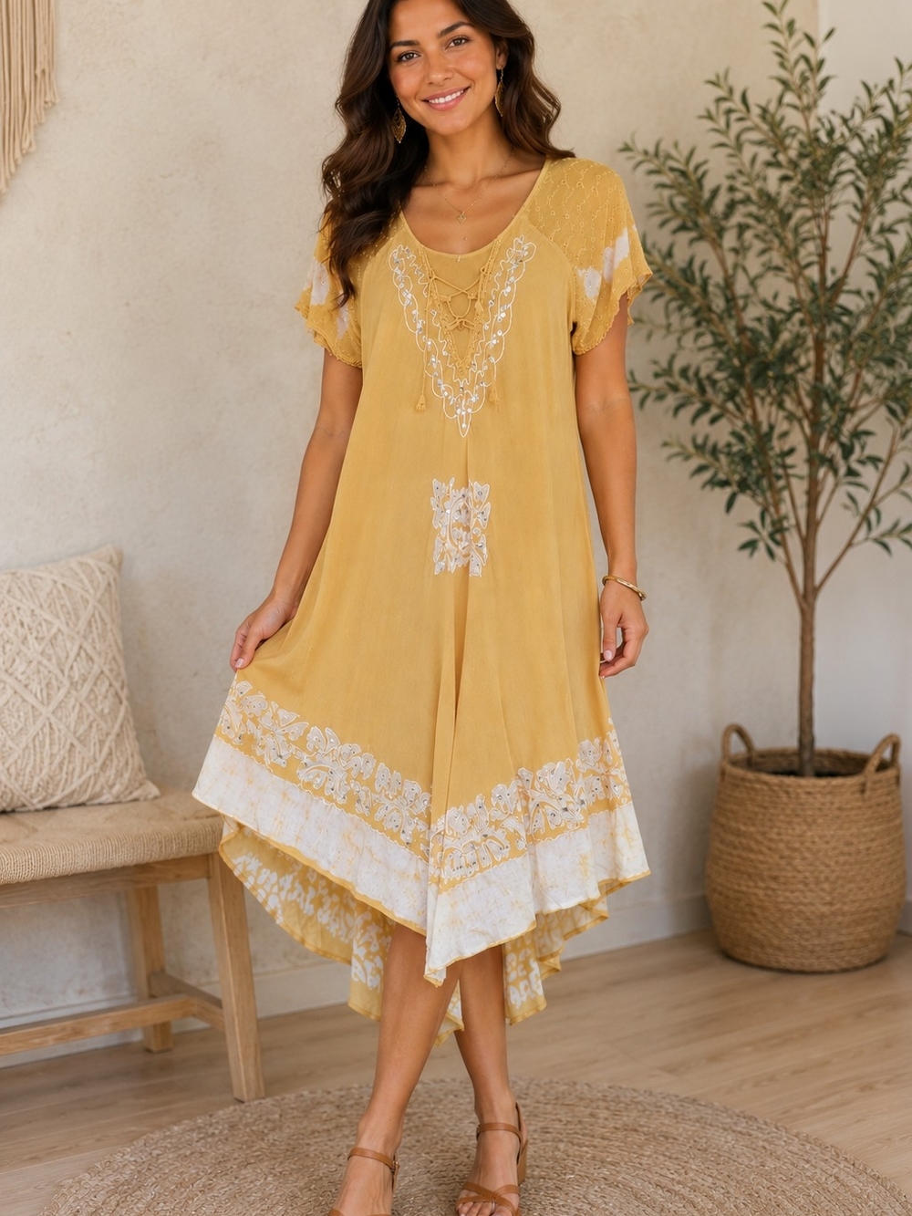 Women's Mustard High-Low Embroidered Dress